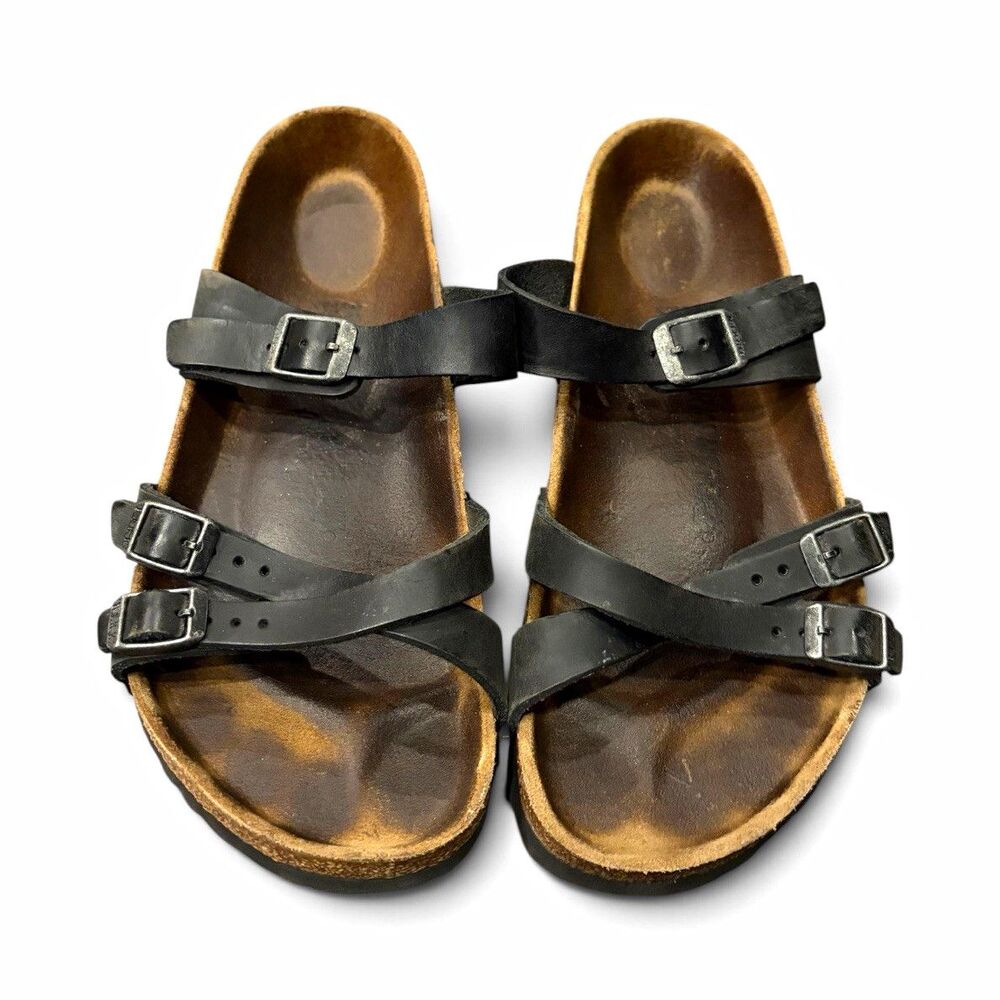 Birkenstock EU Sz 39 Double Strap Buckle Black Slip-On Sandals with Cork Footbed